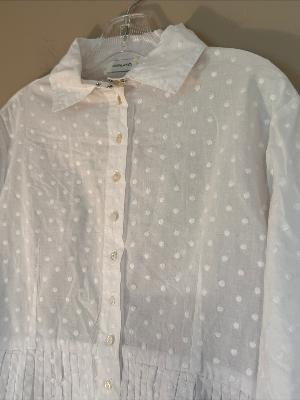 Krista Larson large white button down blouse polka dot adjustable one size - Picture 3 of 8